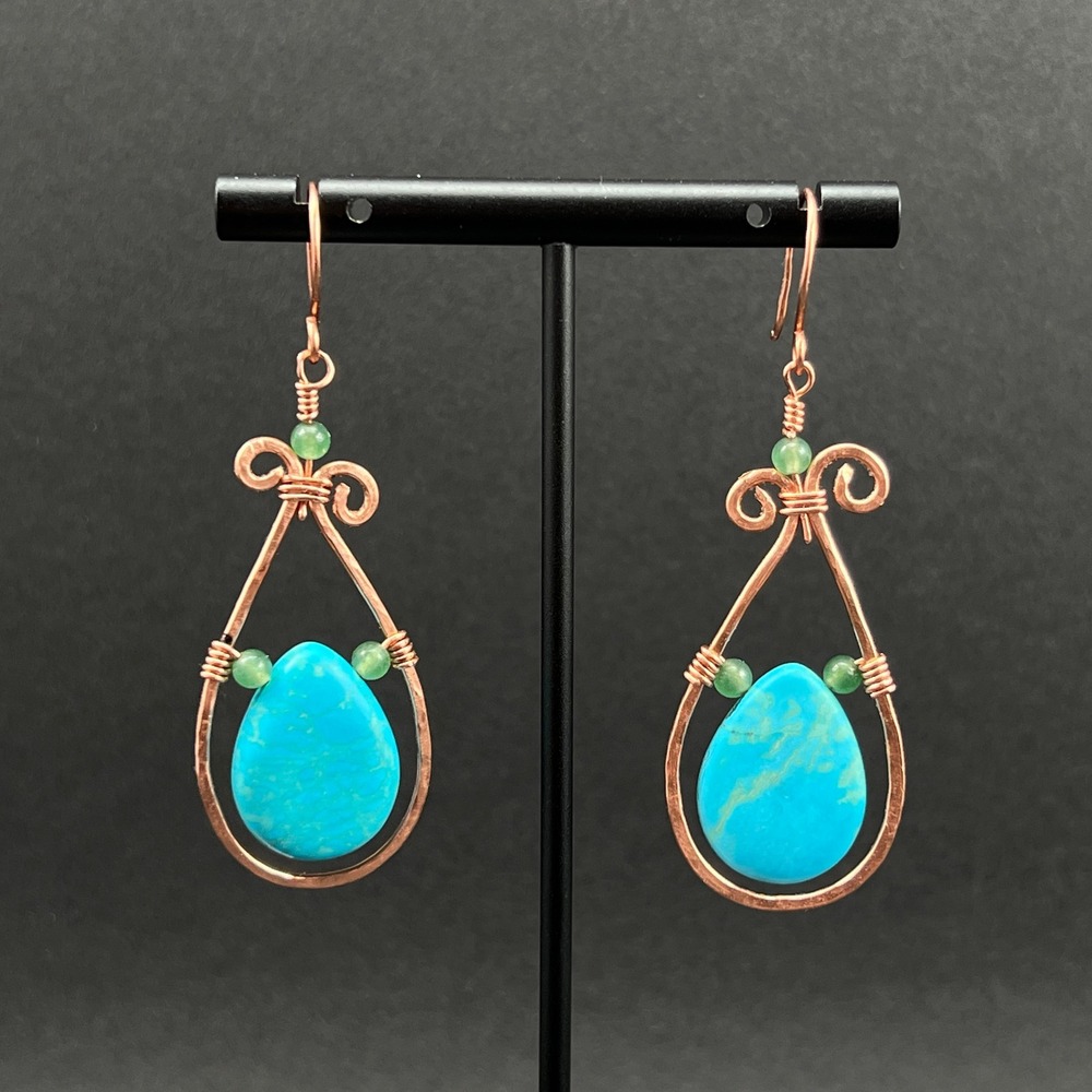 Handmade Copper Earrings Blue Howlite Teardrop Green Aventurine Boho 2.5"